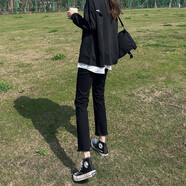 啟動(dòng)引擎（Qidongyinqing）直筒牛仔褲女春秋女裝新款高腰寬松顯瘦彈力毛邊小個(gè)子百搭煙管褲 黑色（九分）單款 27