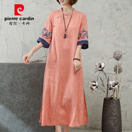 皮爾卡丹新款高端復(fù)古棉麻刺繡中長款連衣裙女夏季民族風(fēng)盤扣寬松長裙子薄 橘粉色 2XL 120-135斤