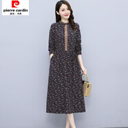 皮爾卡丹棉麻連衣裙女中長款2025春秋季新款小碎花時尚休閑長袖收腰打底裙 黑色 XL 建議118-130斤