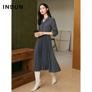 INSUN恩裳專(zhuān)選秋季壓褶收腰灰色西裝連衣裙 灰色 XL