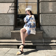 SHIROMA 秋冬新款針織開衫時尚中長款小個子毛衣外套女俏皮學生上衣女 藍色方塊 XL