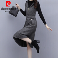 皮爾卡丹（pierre cardin）毛呢背心連衣裙子女季裝春秋冬2025年新款配大衣長打底套裝針 灰色裙+黑色毛衣 XL (105-115斤)