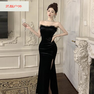 糜嵐（MieLanat）宴會(huì )開(kāi)叉晚禮服性感輕奢性感毛毛拼接絲絨宴會(huì )禮服裙高開(kāi)叉露腿修 黑色 L