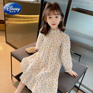 迪士尼女童碎花連衣裙春裝2024新款童裝女孩韓版娃娃裙春秋兒童長袖裙子 黃色碎花 140