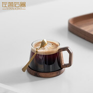 左茗右器可加熱玻璃茶杯水杯帶勺家用辦公室咖啡杯馬克杯牛奶早餐杯 茶咖杯-煙灰（帶咖啡勺+杯墊）