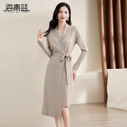 海青藍(lán)（CYANINE SEA）設(shè)計(jì)感不規(guī)則裙擺針織連衣裙女2024秋裝系帶修身長(zhǎng)袖裙子綁帶v領(lǐng) 淺灰色 S