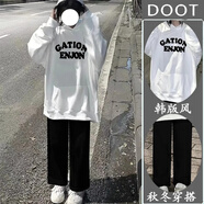 DOGHC12大童女裝春秋季套裝15初高中學(xué)生18女生新款連帽衛衣寬松休閑褲 白衛衣+黑褲子 【套裝】 加絨 S 建議【60-85斤】