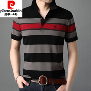 皮爾卡丹（pierre cardin）特男裝夏季中年短袖體恤衫翻領(lǐng)純棉男t恤休閑條紋爸爸裝上衣針織 紅色 XL 180/96A