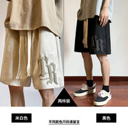 杉努（SHANNU）短褲夏季男士美式運動五分中褲薄款青年寬松休閑籃球沙灘大碼褲衩 米白色+黑色 XL