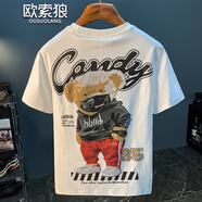 歐索狼夏季潮牌印花T恤男款小熊高級感上衣白色短t薄款吸汗透氣短袖體恤 白色 5XL （185-200斤）