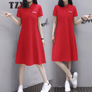 TZXT運動(dòng)休閑短袖連衣裙女顯瘦中長(cháng)款夏新款氣質(zhì)收腰polo領(lǐng)t恤裙子潮 紅色 4XL 適合150-165斤