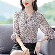 貝吉棋早春款碎花雪紡襯衫女裝秋裝2022年新款女士打底小衫洋氣上衣 藍花 3XL 建議135-145斤