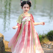 九能漢服女童夏季中國風兒童連衣裙古風公主裙古裝民族出演服裙子 玫瑰紅 130