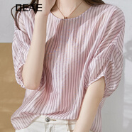 QEAE 輕奢潮牌設(shè)計感小眾短袖條紋女2022夏季休閑寬松垂感百搭上衣顯瘦女裝 粉色 S 建議100斤左右