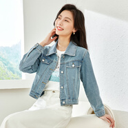 梵希蔓高腰茄克復古牛仔夾克外套女2025春秋新款寬松百搭開(kāi)衫上衣 70672 淺牛仔藍色 S