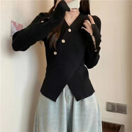 歌班婭秋冬2022新款洋氣設(shè)計(jì)感小眾不規(guī)則顯瘦修身打底針織衫V領(lǐng)毛衣女 A02黑色 均碼 彈力建議75-120斤