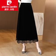 皮爾卡丹（pierre cardin）黑色金絲絨半身裙女秋冬2025年新款高腰顯瘦中長(zhǎng)款蕾絲邊A字裙子 黑色 XL