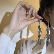 歐陽先生新款個性風(fēng)潮滿鉆水滴流蘇耳環(huán)顯臉小耳釘浮夸爆閃水鉆禮服耳飾 長款麥穗流蘇耳釘銀色