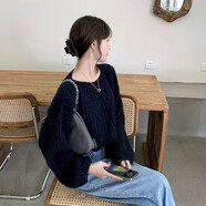 歌班婭泡泡袖毛衣女新款秋季鏤空針織衫休閑百搭外穿寬松慵懶風打底上衣 黑色2 --中厚款，毛毛偏少 L 110-120斤--關注優(yōu)先發(fā)貨