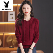 花花公子（PLAYBOY）100純羊毛帶帽細(xì)麻花衛(wèi)衣款毛衣女秋冬扭花針織衫連帽全毛打底衫 安哥拉紅 M 【90-110斤】