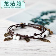 龍姑娘青歌景德鎮原創(chuàng  )文藝森系民族風(fēng)鈴鐺葉子 復古編織多層陶瓷手鏈 女 裂紋釉冰藍色