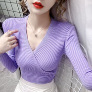 深v領上衣女緊身春秋裝新款性感低胸2022秋季新款毛衣女性感低胸交叉深V領修身長袖打底衫針織衫上衣 紫色 M