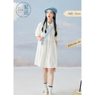 紫涵（ZIHAN）紫涵短袖襯衫連衣裙女夏季甜美淑女寬松高腰短裙披肩裝飾 白色 XS