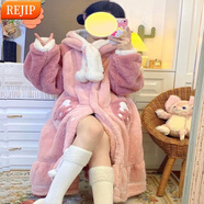 REJIP睡衣女秋冬季睡袍珊瑚絨可愛(ài)加絨加厚卡通浴袍長(cháng)款法蘭絨家居服男 琳娜貝兒睡袍 小碼【80-140斤】可穿