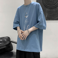 嘉曄短袖t恤男港風(fēng)潮牌印花五分袖上衣百搭休閑帥氣潮流ins體恤衫 淺藍色高質(zhì)量 2XL 125-140斤