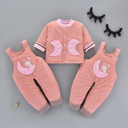 拉米奇騏秋冬嬰兒保暖衣服男女童棉衣0-1歲2嬰幼兒棉襖寶寶棉服三件套送禮 粉色月亮船三件套  小碼（0-4個月）
