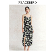 太平鳥(niǎo)女裝國風(fēng)印花吊帶連衣裙夏顯瘦收腰碎花裙氣質(zhì)無(wú)袖長(cháng)裙 黑色紋樣 M