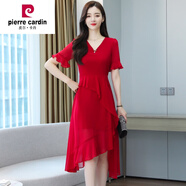 皮爾卡丹（pierre cardin）雪紡連衣裙女夏短袖V領不規(guī)則中長款大I碼35-40歲氣質燕尾紗裙顯 紅色連衣裙 S
