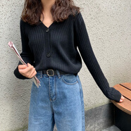 瑟空（SEKONG）2025春秋新款溫柔風短款針織開衫女長袖V領(lǐng)小外套潮針織衫毛衣TXT 1218#開衫黑色  M【建議90-100斤】