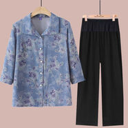 音藻60-70歲奶奶款媽媽夏季套裝老年人衣服中春裝女奶奶裝秋裝老人80 藍色上衣+褲子套裝 3XL 建議125-135斤