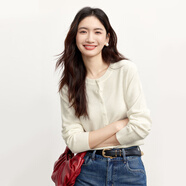 伊芙麗（eifini）蔣欣代言圓領全成型純羊毛長袖針織開衫女秋裝新款女裝薄款開衫 米白 M 160/85CM100-120斤