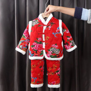 忻悅晴寶寶棉服套裝東北大花棉襖冬裝男女童外穿碎花保暖棉衣棉褲拜年服 紅色大花 130 CM