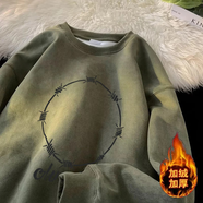鹿凌青春秋季長袖T恤男寬松麂皮絨上衣服衛(wèi)衣男女情侶青少年冬季打底衫 E03軍綠色 加絨 M (喜歡寬松版型的選大一碼哦)