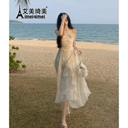 艾美琦美（AIMEIQIMEI）吊帶連衣裙2025新款時(shí)尚女裝海邊度假沙灘裙法式中長(cháng)款裙子夏天 杏色連衣裙1087 M