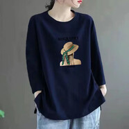 珞達達純棉長(cháng)袖t恤女2025春秋季女裝新款韓版寬松休閑體恤女上衣打底衫 藏藍色女孩 2XL 建議125-140斤