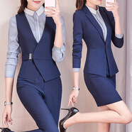 曖獻職業(yè)裝女士馬甲套裝女高端時(shí)尚氣質(zhì)酒店經(jīng)理小西裝珠寶店前臺制服 藍色西裝+馬甲+襯衫+半裙+褲 （需要黑色備注即可） 3XL