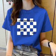 尚濤短袖t恤女克萊因藍(lán)夏季女裝新款韓版寬松休閑體恤女上衣 克萊因藍(lán)-棋盤(pán) XL 建議110-120斤