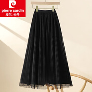 皮爾卡丹（pierre cardin）兩面穿網(wǎng)紗裙半身裙女夏季2025新款高腰中長款a字顯瘦細(xì)百褶裙女 黑色 XL