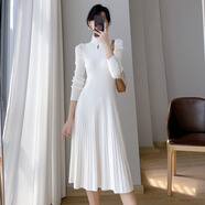 燕潯半高領(lǐng)白色針織連衣裙女秋冬氣質(zhì)顯瘦da衣內(nèi)搭打底長款過膝毛衣裙 白杏色 S (建議95斤以下)