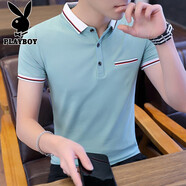 花花公子（PLAYBOY）短袖T恤男士夏季男裝翻領純色體恤衫修身青年時尚polo領衣服 7011綠色 XL