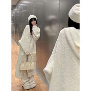 歌班婭白色毛絨連帽毛衣開衫外套女秋冬季加厚慵懶風外穿長款針織上衣 白色連-帽款衣長100 S 建議95斤以內(nèi)