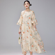 陌遇春夏中國風(fēng)原創(chuàng  )改良旗袍寬松真絲歐根紗新中式連衣裙品牌女裝 黃色 S