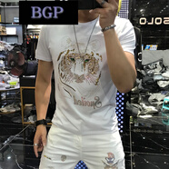 BGP潮牌短袖男T恤半袖新款夏季百搭潮流亮片燙鉆老虎頭修身圓領(lǐng)上衣 白色 L
