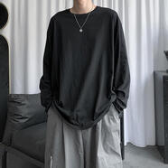 欣垚男士長(cháng)袖t恤春秋季寬松打底衫衛衣純服裝服飾5折券 (純色)黑色 S