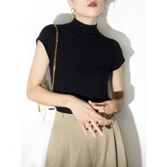 朵迪雅尚（DUODIYASHANG）黑色半高領(lǐng)冰絲短袖t恤女夏季高級感內搭打底修身針織衫正肩上衣 黑色 均碼