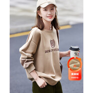 德瑪納秋冬季新款通勤圓領(lǐng)彈力質(zhì)感字母空氣層衛衣女上衣 咖色加絨 S 